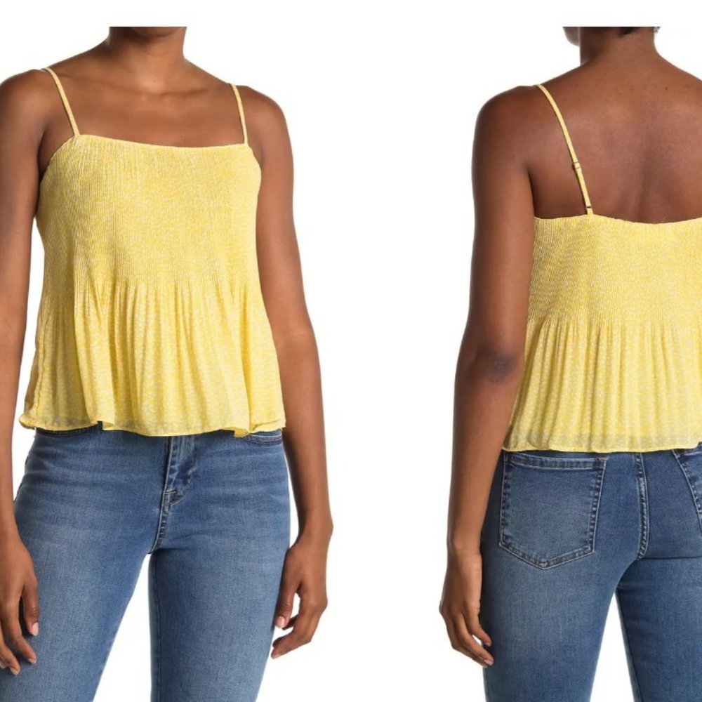 LUSH Printed Pleated Spaghetti Strap Cami L Yellow White Top Tank Cami Causal